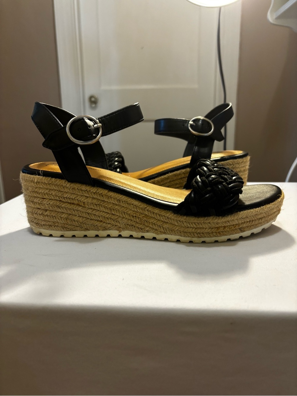 Time and Tru Black Braided Espadrille Wedge Sandals